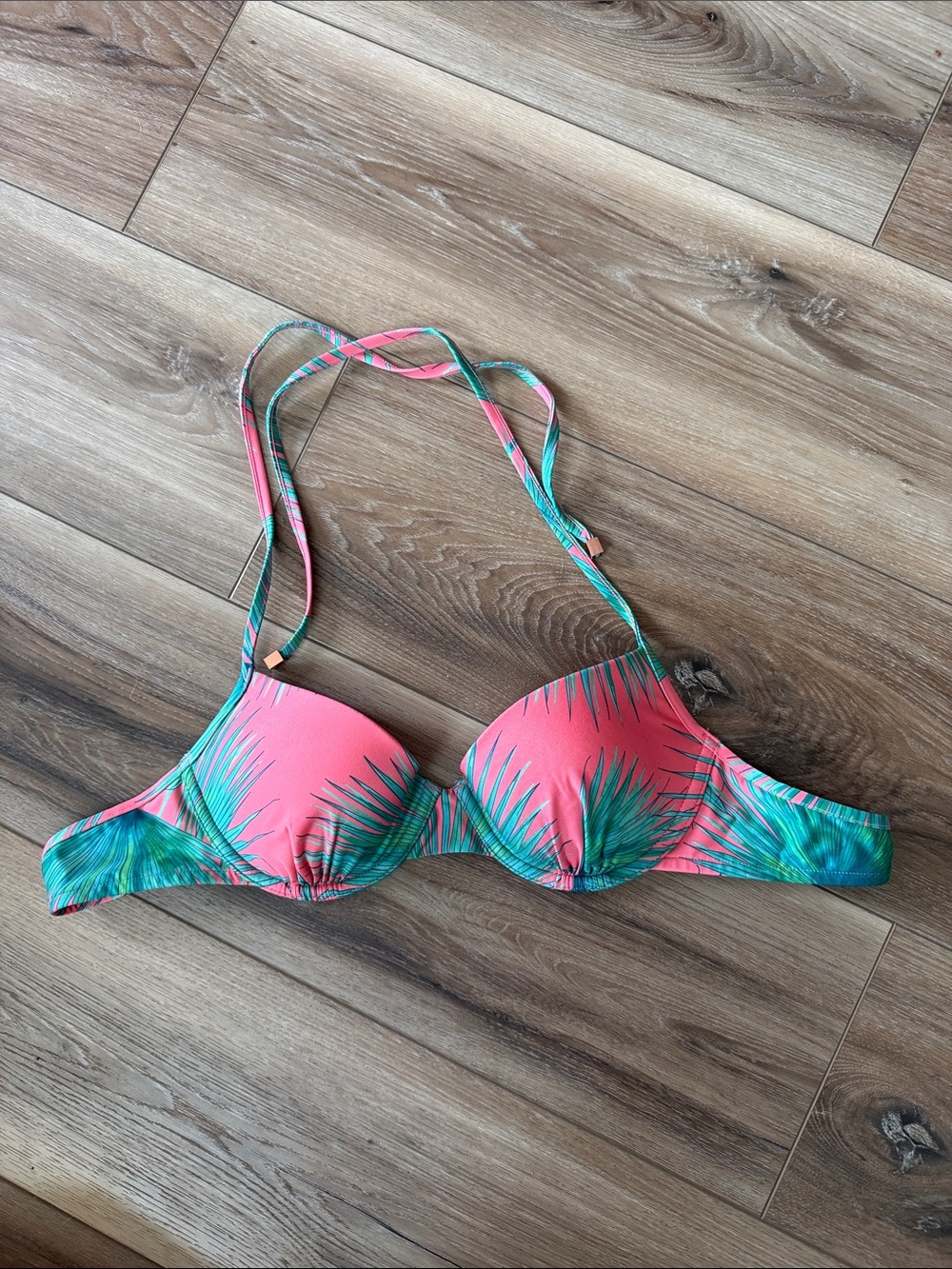 Victoria's Secret Coral and Teal Palm-Print Bikini Top